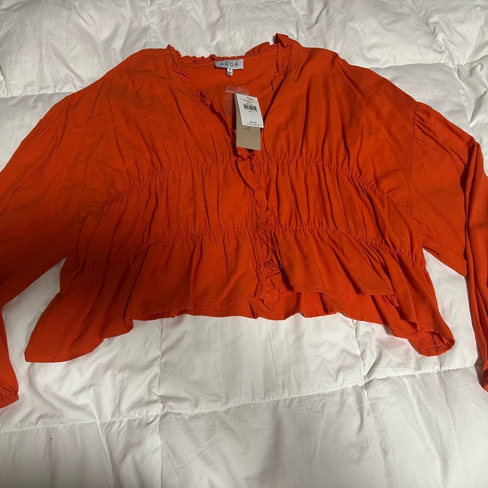 Acoa women’s Orange Ruffle Blouse size small v-neck long sleeve NWT front button
